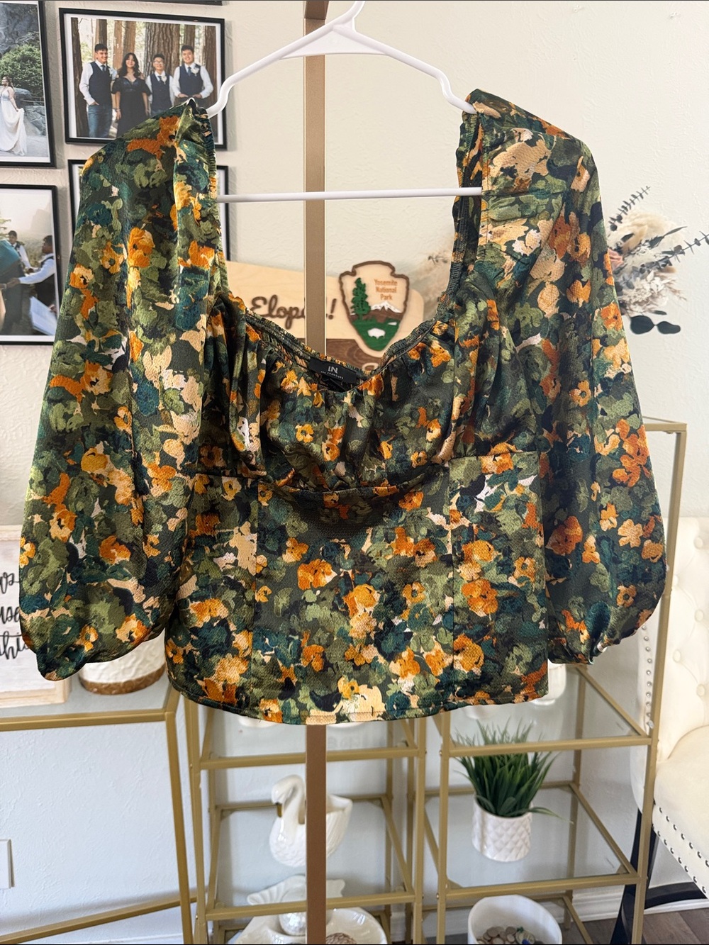 I.N. San Francisco Floral Puff-Sleeve Square Neck Top in Green and Mustard